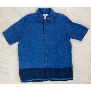 Calvin Klein Mens Shirt Small Button Down Linen Short Sleeve Blue Color Block